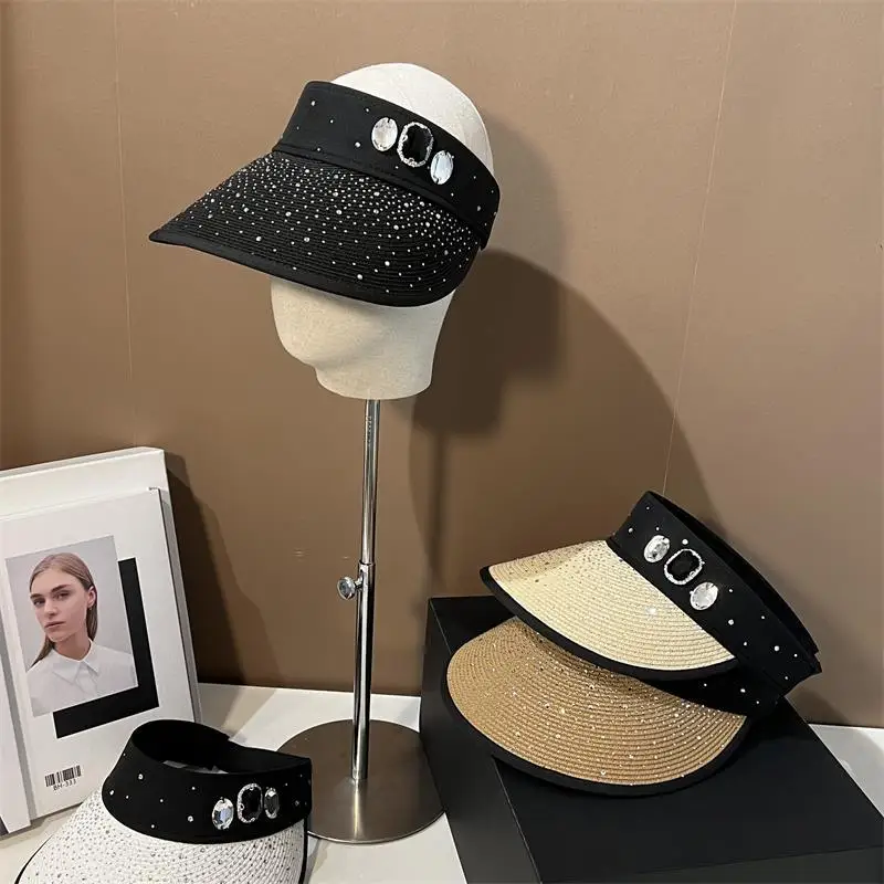 Full Rhinestone Women\'s Summer Hat Luxury Women Empty Top Sunshade Sun Hats Leisure Large Brim Travel Beach Sunscreen Panama Cap