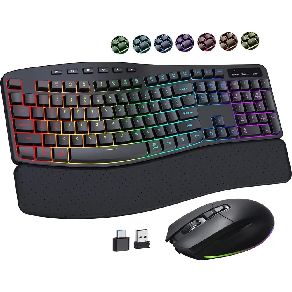 

Silent Rechargeable Ergonomic Wireless Keyboard with RGB Backlight and 3200 DPI Leather-Wrist-Rest Mouse for PC and Laptop Windo