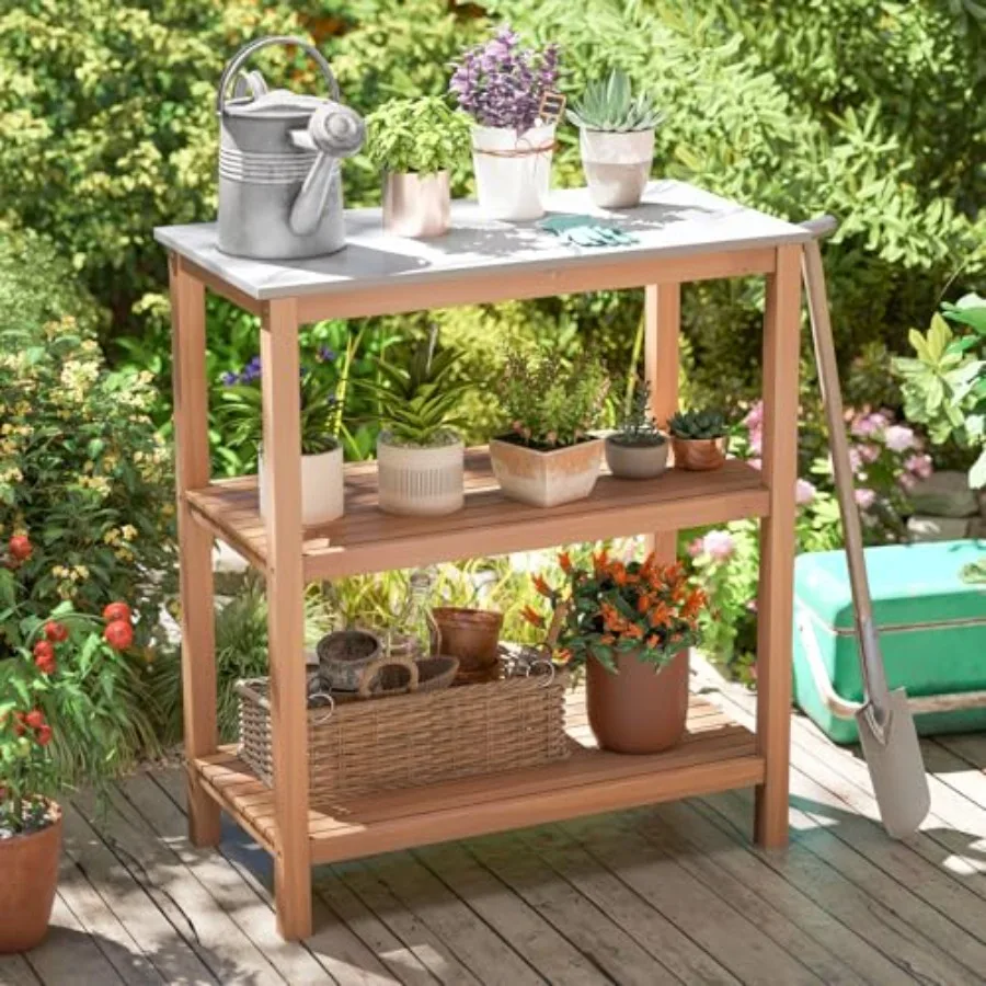 3-Tier Outdoor Potting Bench, Acacia Wood Planting Workstation with Faux Marble Tabletop, Open Storage Shelves, 300LBS Capacity