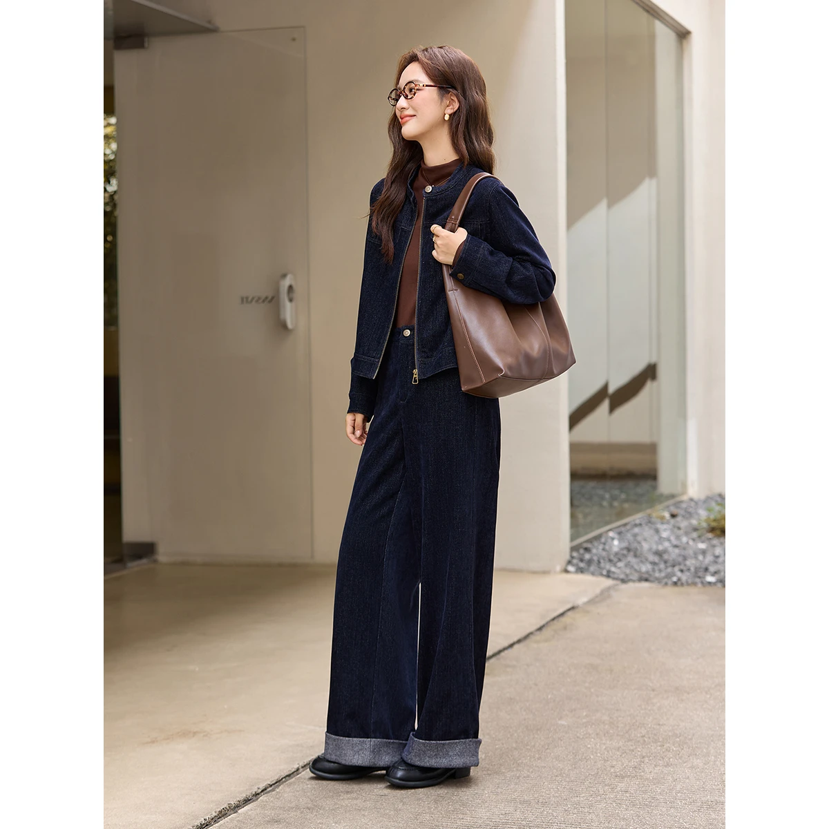 VIMLY Denim Two-Piece Set for Woman 2025 Autumn Round Neck Zipper Front Jacket & Wide Leg Trousers Casual Comfort Outfit A3093
