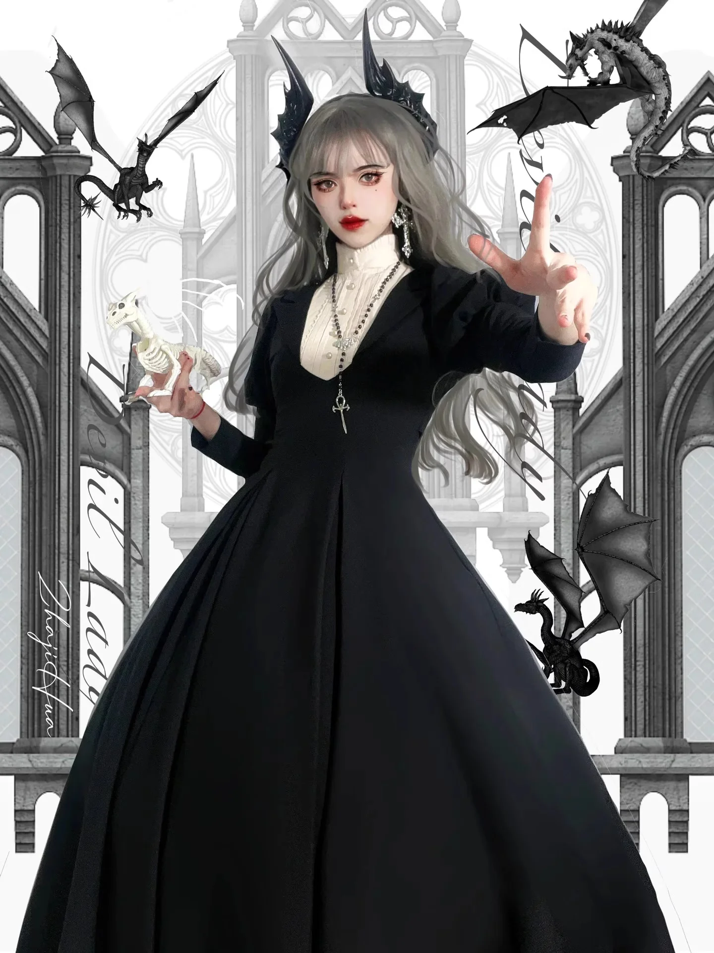 Coalfell Vintage Gothic Black Lolita Dress Slim Fit Long Lolita Long Sleeved Large Hem Puffy Dress Autumn New Style Elegance