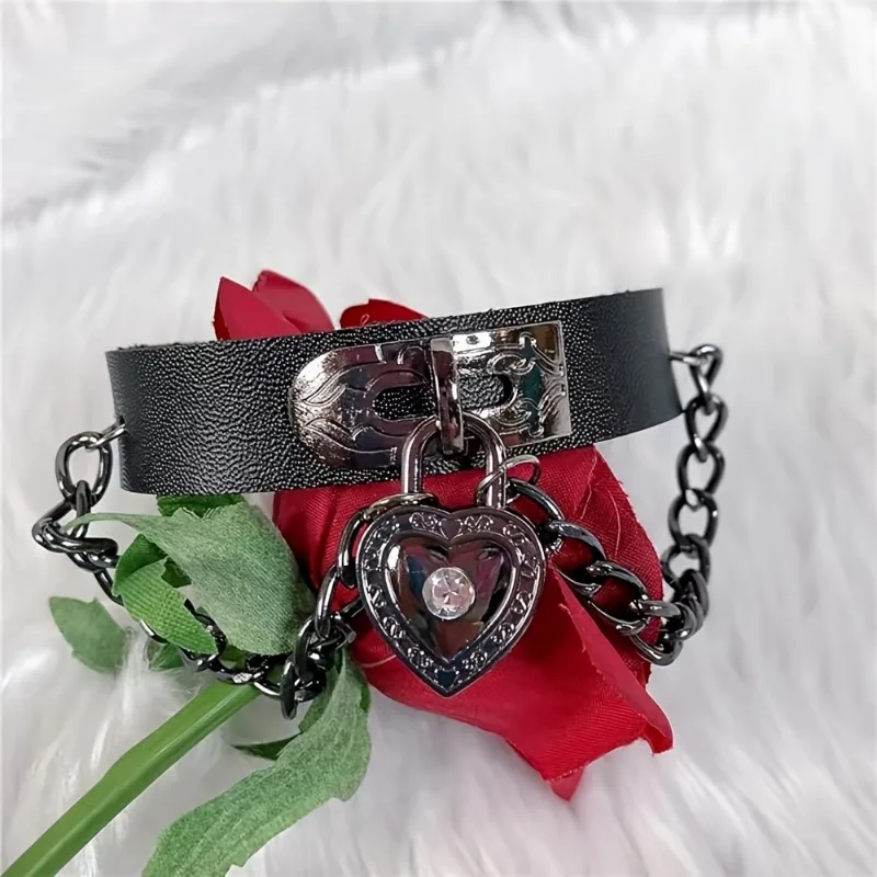 Punk PU leather chain bracelet, goth band heart wristband, rock style unisex bracelet