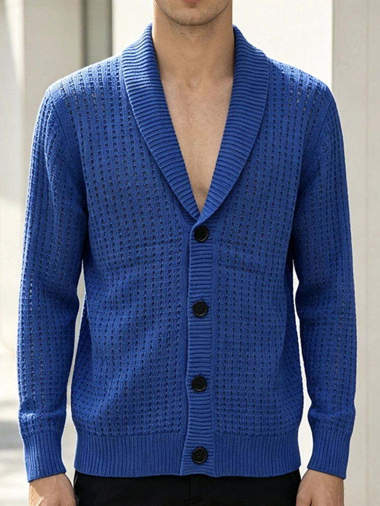 2026 Autumn Winter Solid Color Hollow Out Knit Cardigan For Mens Daily Fashionable Loose Turn‑down Collar Sweater Street Mens