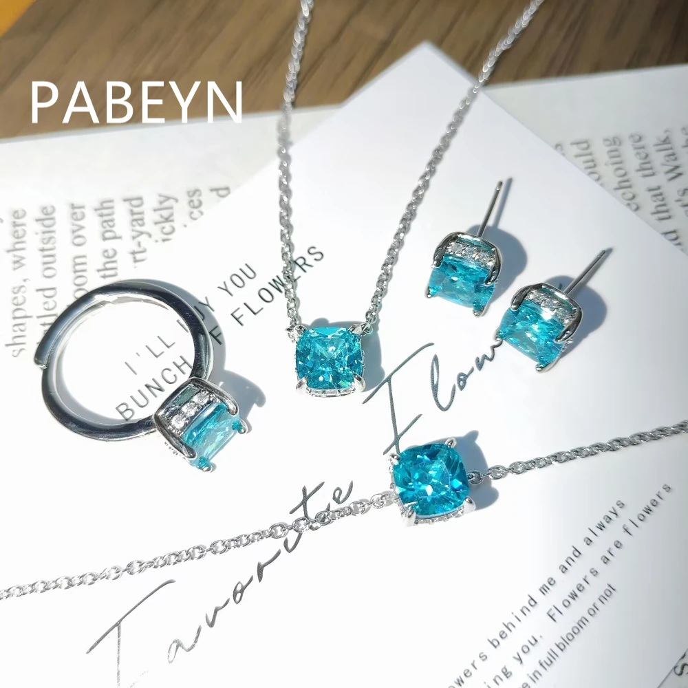 925 Sterling Silver Fashion Light Luxury Four-claw Sugar Cube Paraiba Pendant Necklace Ring Bracelet Stud Earrings Set