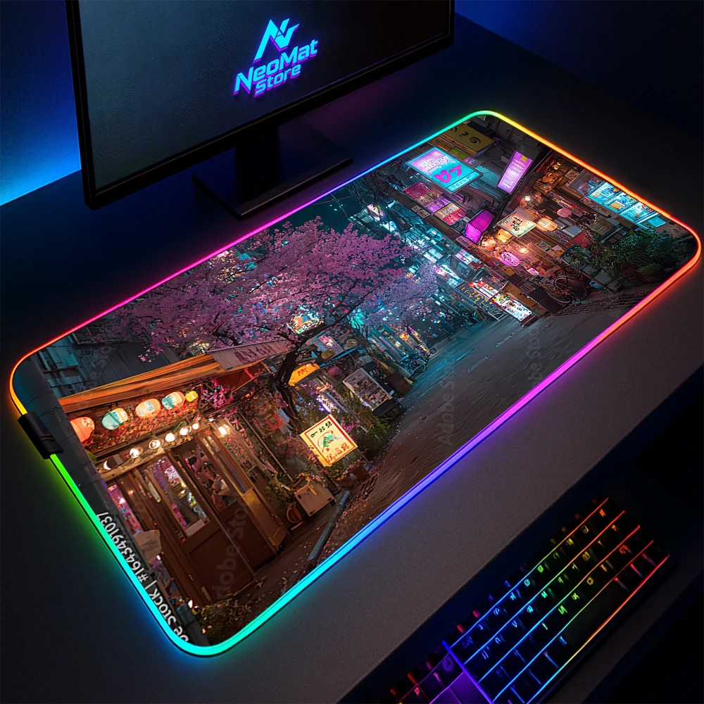 

Rgb Desk Mat Sakura Mouse Pad Lighting Japan City Neon Night Purple Cherry Blossom Computer Mat with Backlight Table Pads LED