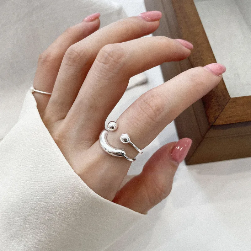 Fashion Vintage Creativity Face Round Ball Double Layer Ring for Women Cute Stainless Steel Couple Ring Punk Jewelry Girl Gift