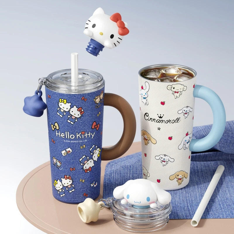 Sanrio Characters Star Dew Figurine Straw Tumbler 560ml Hello Kitty Kuromi Cinnamoroll Insulated Water Cup With Handle Gift