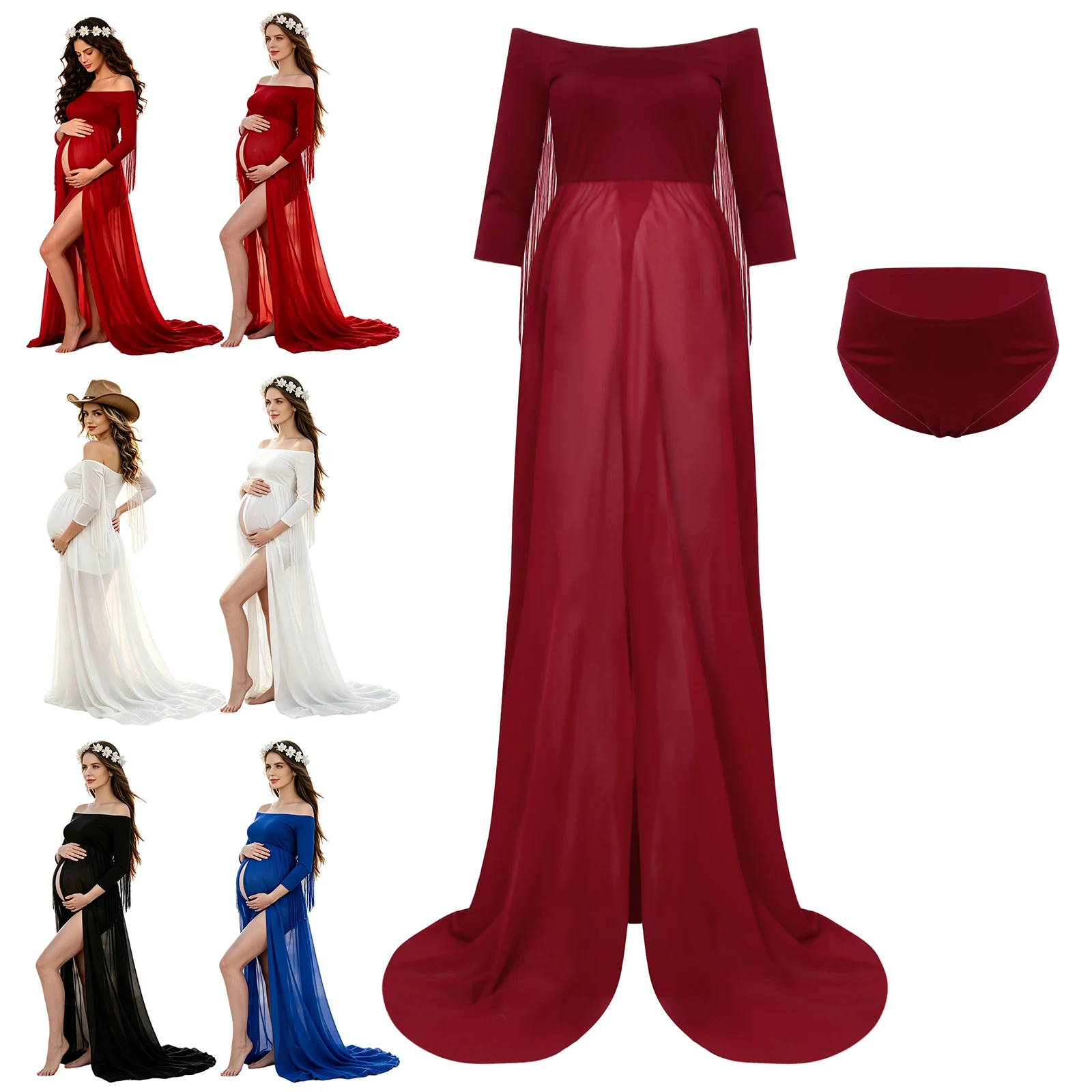 Maternity Photography Photo Shoot Clothes Off-shoulder Tassel Half Sleeve Sheer Split Chiffon Hem Maxi Dresses with Briefs - view 3