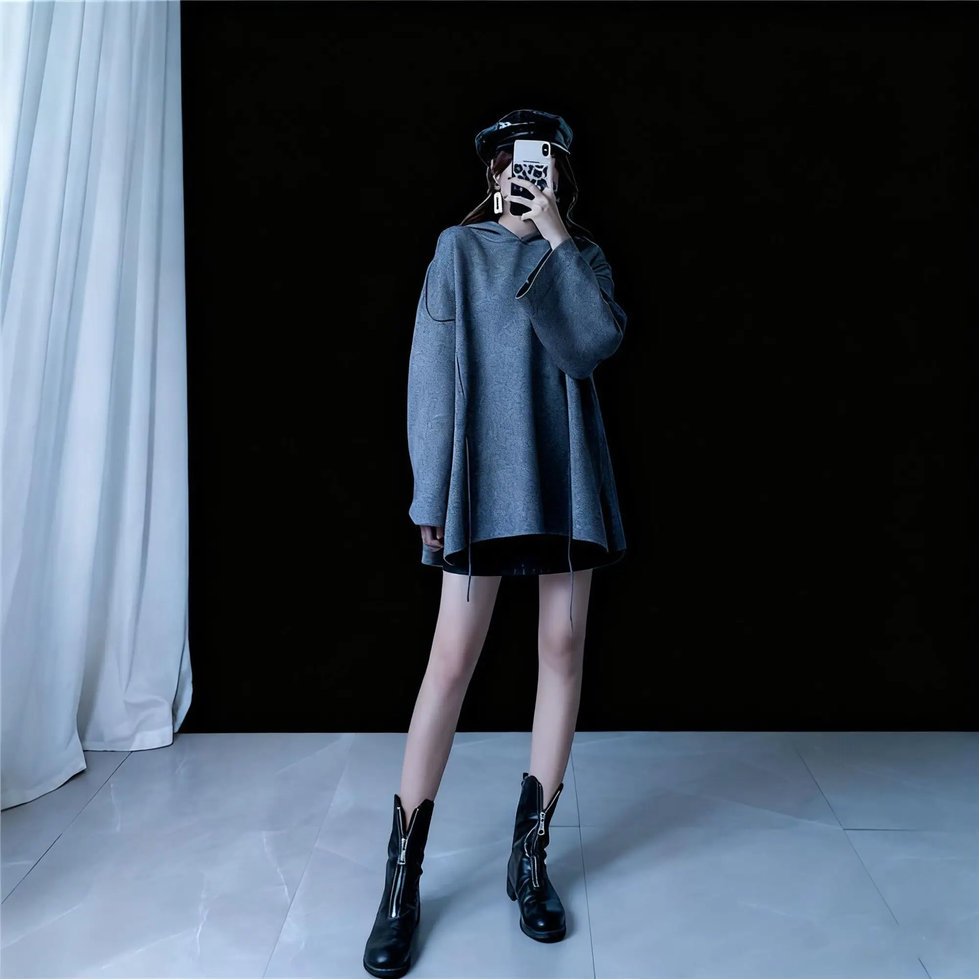 UMI MAO Retro Bluza z Kapturem Luźna Dzianinowa Bluza Gruby Sweter Damski Średniej Długości Top Femme