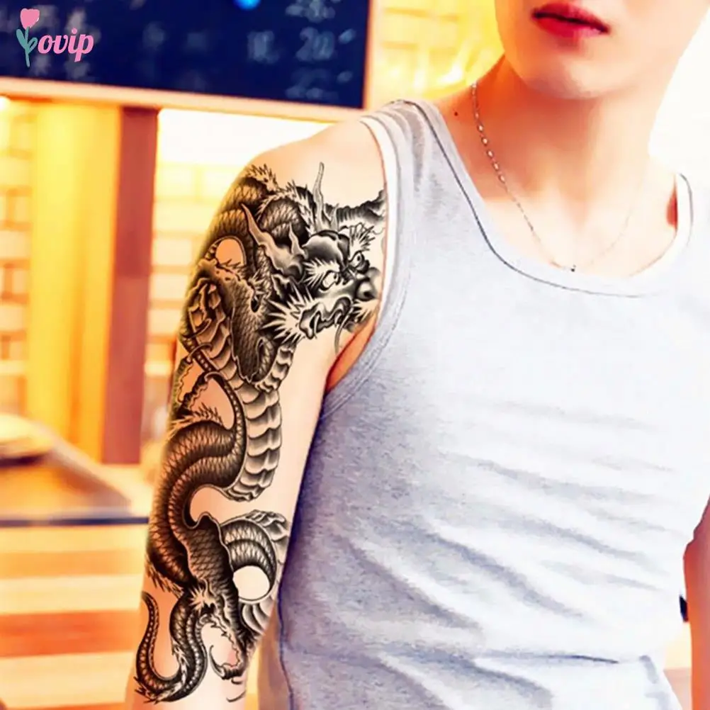 Waterproof Temporary Tattoo Sticker 3D Black Dragon Tattoos Sword Snake Body Art Arm Fake Sleeve Tatoo Women Men