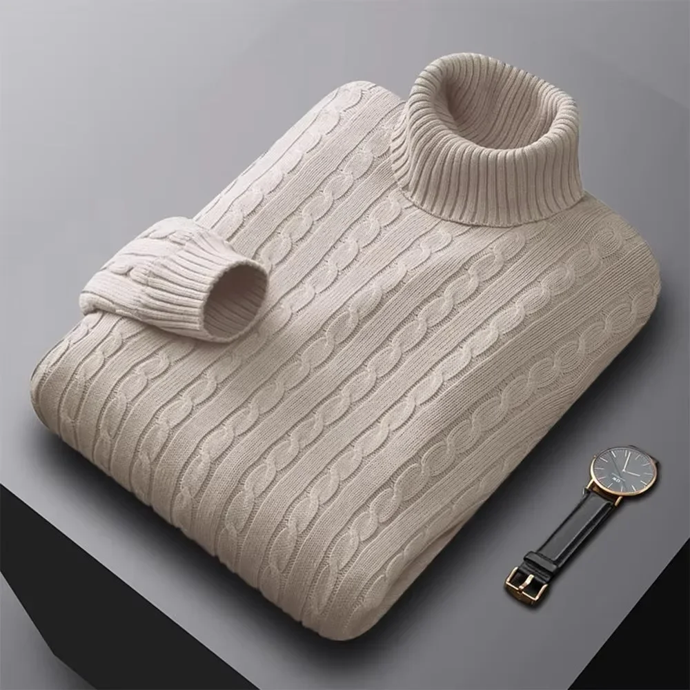 Autumn New Men's Turtleneck Jacquard Sweater Solid Color Knitted Pullover Casual Warmth High Elastic Versatile Male Sweatwear - Image 3