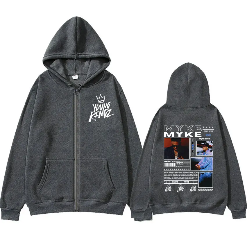 Rapper Myke Towers Album Cover Zipper Sweatshirt Men Vintage Hip Hop Jacket Hoodies Unisex Casual Fleece Pullovers Zip Up Hoodie