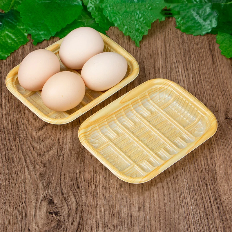 Disposable Tray Wood Grain Pattern Meat Seafood Packing Plate Supermarket Plastic Fan Salver Vegetable Fruit Crisper Ware 100pcs