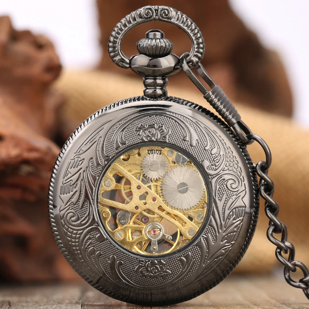 Coole schwarze hohle Sonne Blumen gehäuse Design römische Nummer Skelett mechanische Anhänger Taschenuhr mit Kette vorhanden für Männer Frauen