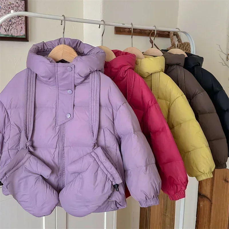 Winter New Children White Duck Down Jacket Gloved Korean Solid Color Toddler Warm Windproof Outerwear Versatile Boys Girls Coats