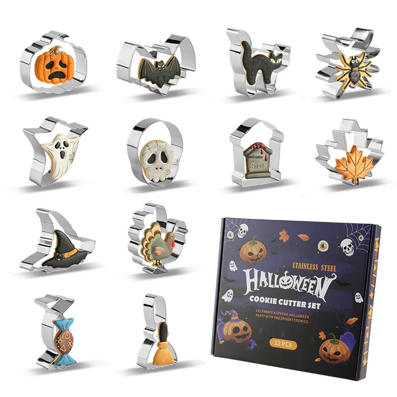 12PCS Halloween Cookie Cutters Cat Bat Pumpkin Ghost Shapes Cookie Cutter Easy to Clean & Demold DIY Biscuit Baking Mold
