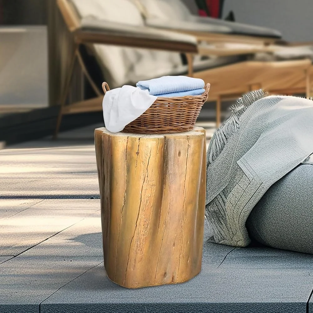 Faux Wood Stump Plant Stand - 17.9" Durable Concrete Side Table for Eco-Friendly Patio Decor &  Garden. image 4