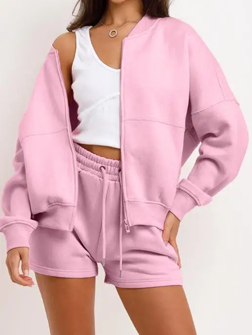 

Autumn Women's Casual Loose Solid Color 2-Piece Round Neck Loose Zipper Front Baseball Jacket and Lace Up Straight Shorts Set