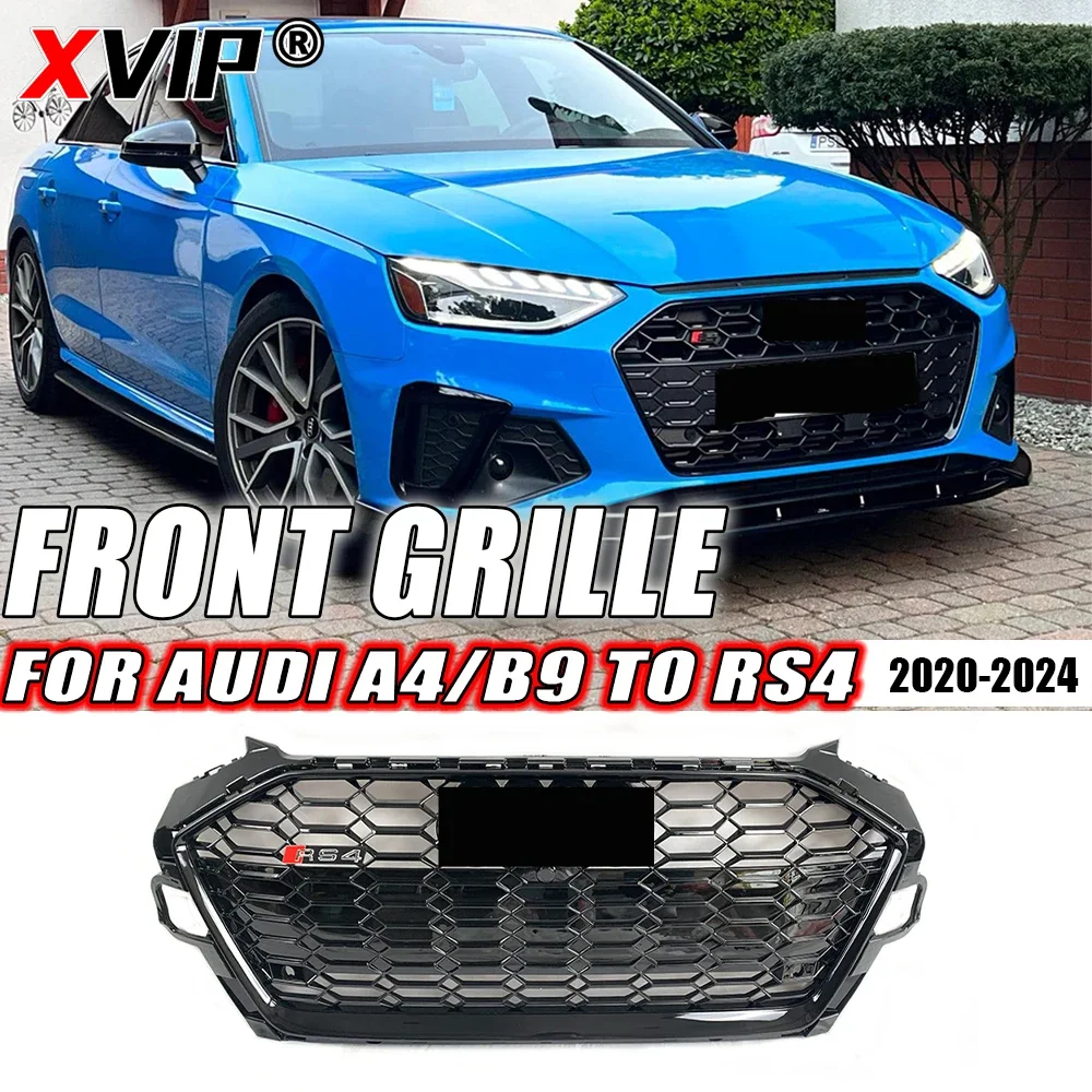 

XVIP RS4 Style Honeycomb All Glossy Black Front Bumper Grille Fit For Audi A4 S4 B9 2020-2024 High Quality ABS Upper Grille