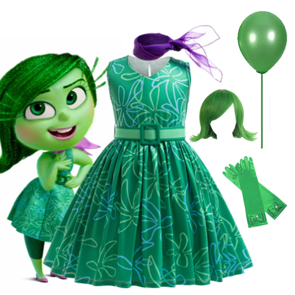 

Movie Disgust Cosplay Costume Kids Cartoon Flower Princess Dress+Belt+Scarf +Wig Girls Halloween Carnival Party Dress Up 4PCS
