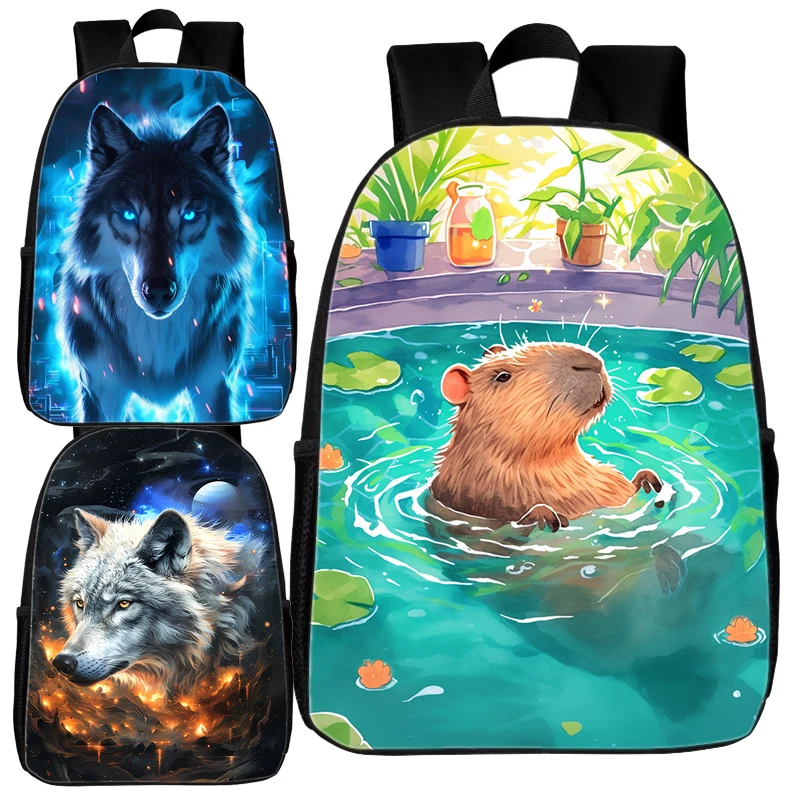 Capybara Backpacks Wolf Girls Boys Kids Students School Bags Anime 16inch Bookbags Children Cartoon Rucksack