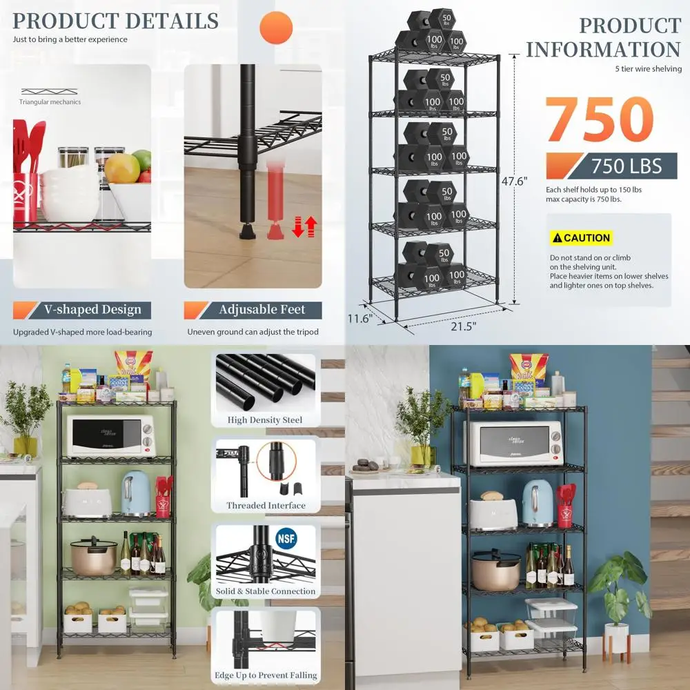 

Adjustable 5-Tier Metal Wire Shelving, 11.6x21.5x47.6, Black Storage Rack