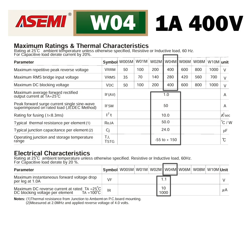 W04 Diodenbrückengleichrichter 1A 400V ASEMI – Detail 3