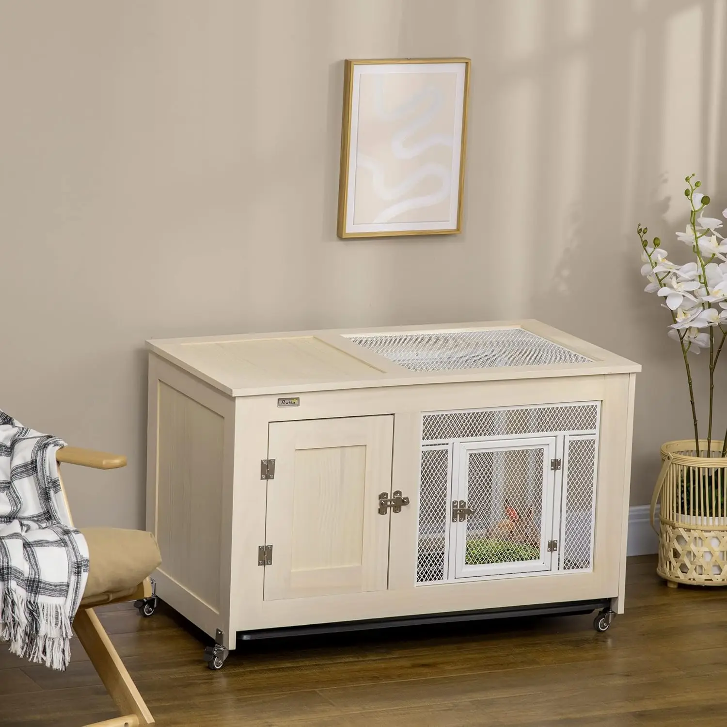 Small Rabbit Hutch, Indoor Bunny Cage on Wheels, Rabbit Habitat with Openable Top, Pull-Out Tray, Quail Cage Rabbit