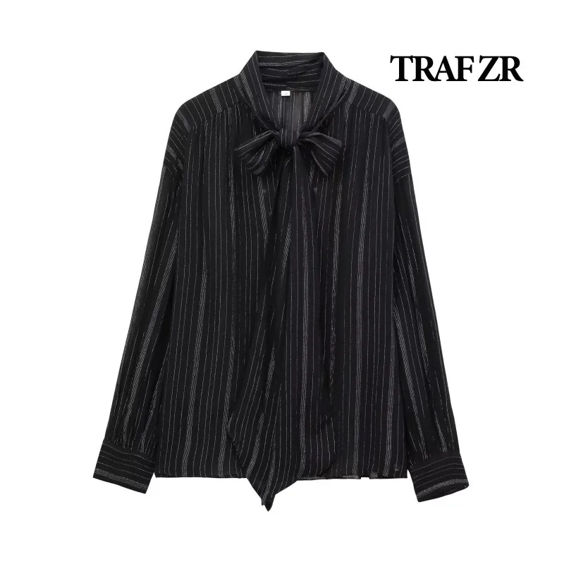 TRAF ZR Vintage Blouse Black Striped Blouses for Lady Long Sleeve Shirt Autumn Women's Shirt Elegant Women's Luxury Blouses