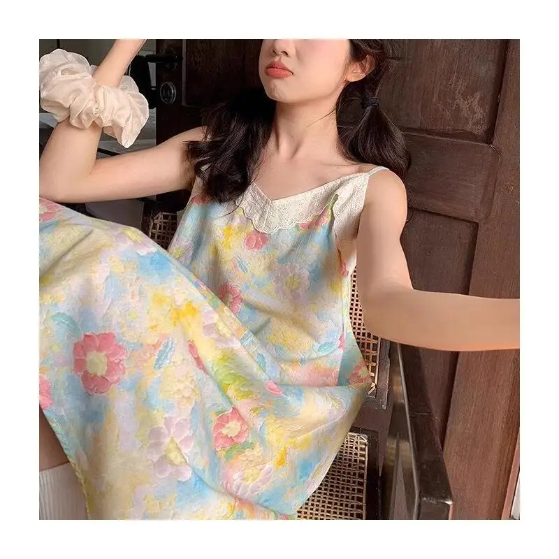 

Women's Pajama Set Fashion Homewear Sleeveless Pajama Dress Printed Lace Women For Home And Outdoor Wear New 2025 Pastoral Sweet