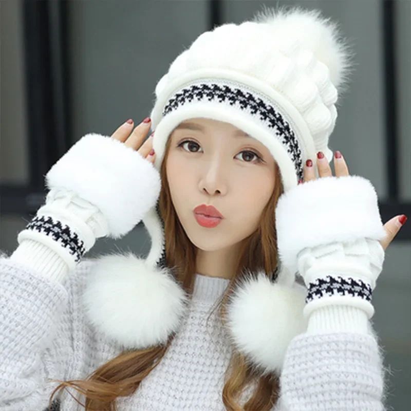 

Women Girls Hat Gloves Set Keep Warm Knitted Fur Ball Decoration Cute Fashion Beanies Glove 2 Pieces Set For Winter