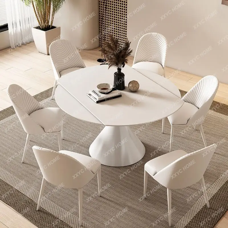 

Cream Style Pure White Matte Stone Plate Dining Table Rotating Retractable Foldable Dual-Purpose Table