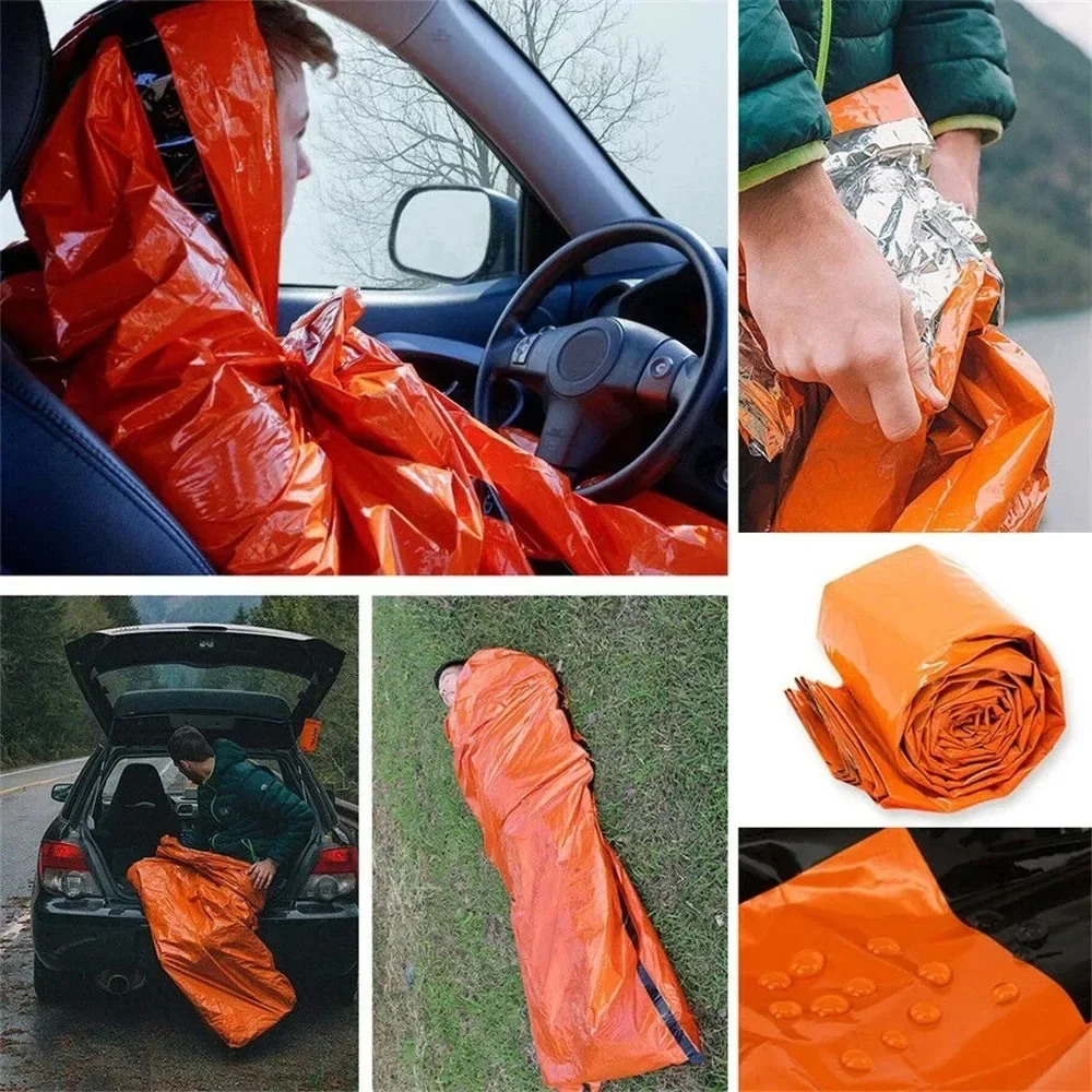 Conjunto de saco de dormir de sobrevivência de emergência à prova d'água portátil ao ar livre edc equipamento de acampamento saco térmico kit de resgate de primeiros socorros cobertor mylar