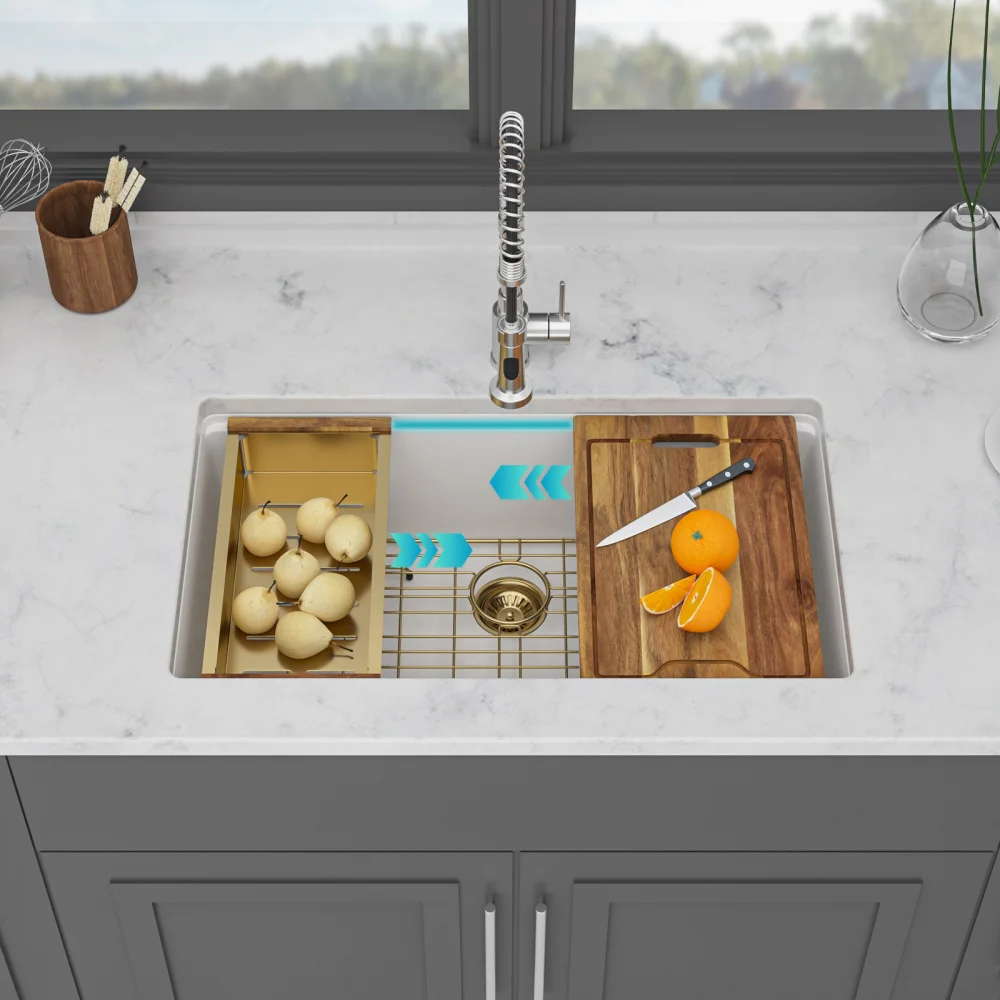 

Quartz Kitchen Sink - 33" x 19" x 9.65" White Granite Composite Workstation Undermount Single Bowl Kitchen Sink