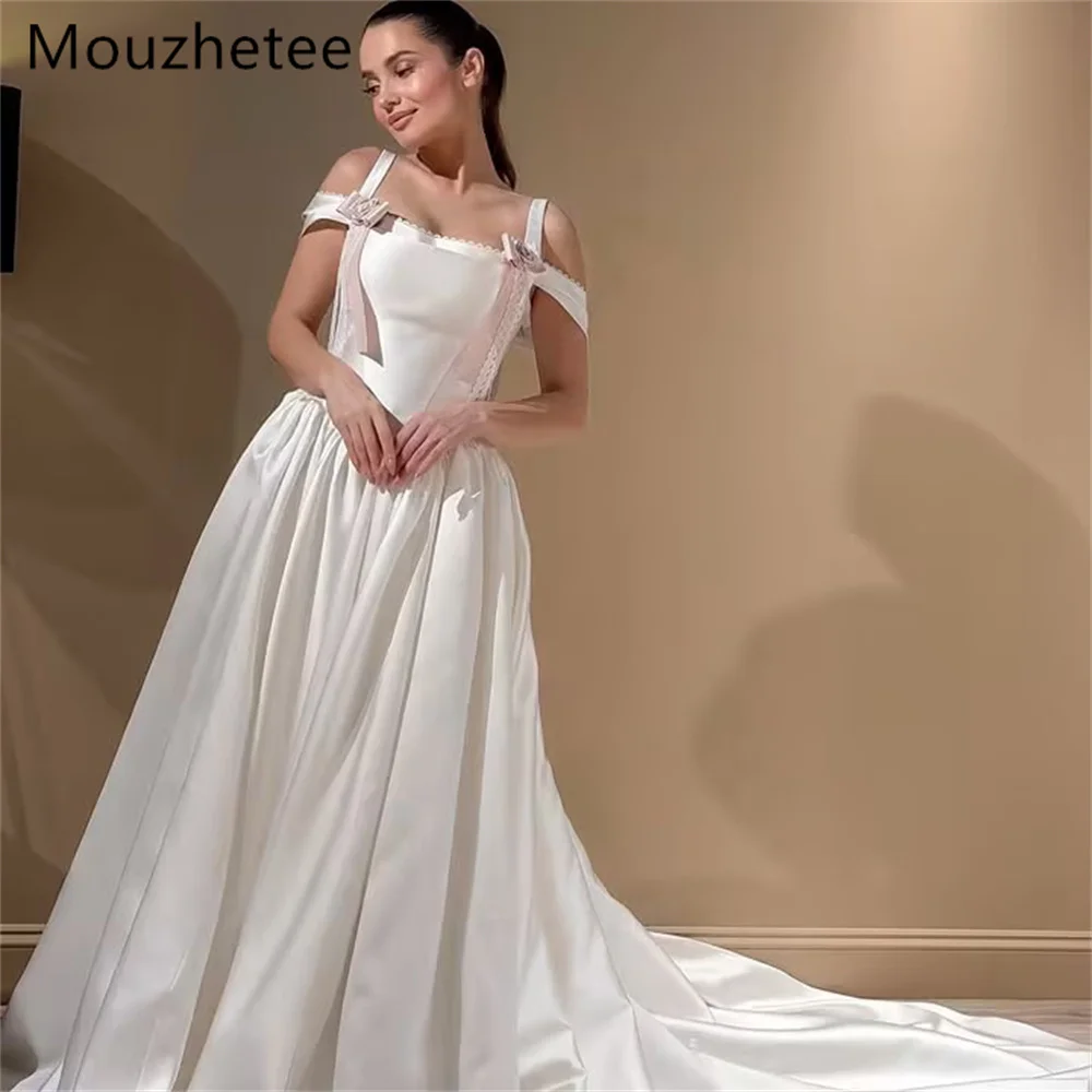 

Mouzhetee A-Line Elegant Spaghetti Strap Bow Satin Wedding Dresses Simple Sleeveless Brides Gown Custom Made 2026