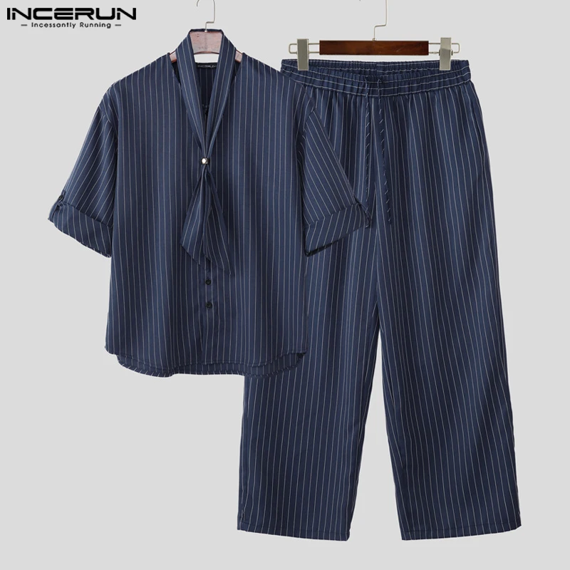 INCERUN 남성 세트 스트라이프 O넥 반팔 셔츠 & 팬츠 투피스 세트 여름 루즈핏 스트릿웨어 2025 패션 남성 캐주얼 슈트