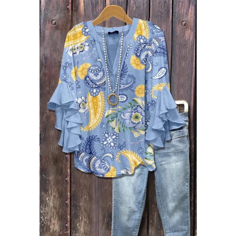 

Light Blue Paisley Floral Print V-Neck Blouse Ruffled Sleeves Bubble Crepe Blouse Boho Chic Women's Top (Necklace Not Included)