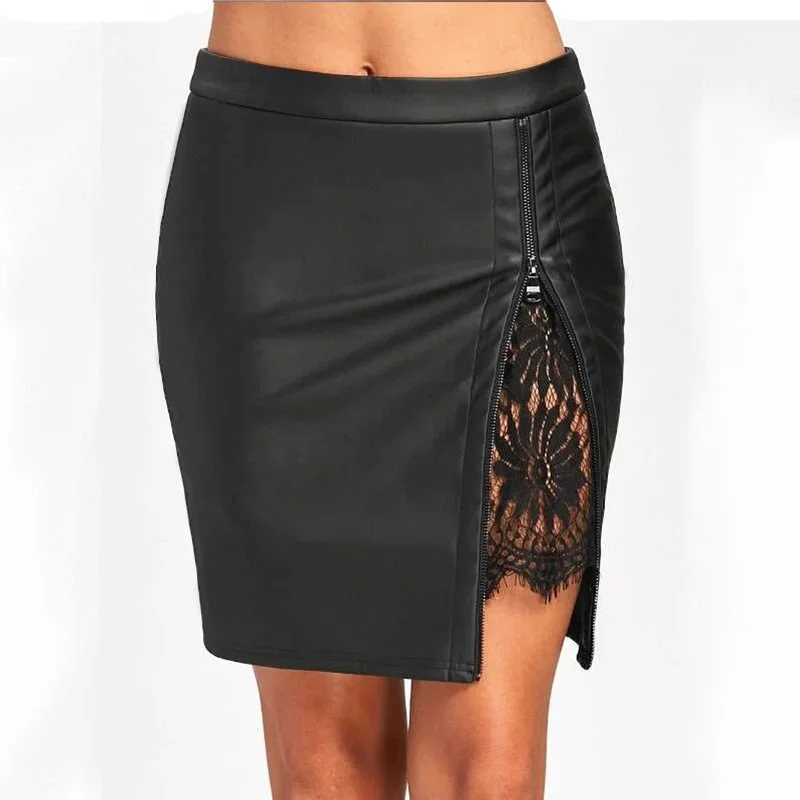 

Women PU Leather High Waist Fashion Zipper Summer Fall Mini Skirts 2023 Bodycon Pencil Skirt Lace Patchwork Clubwear Crochet