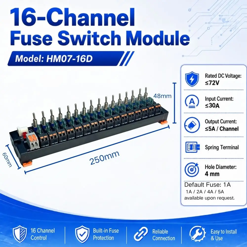 2/4/6/8/12/16-Kanal DC-Kippschalter-Stromverteilermodul mit Federanschluss, Sicherung und LED-Anzeige pro Kanal