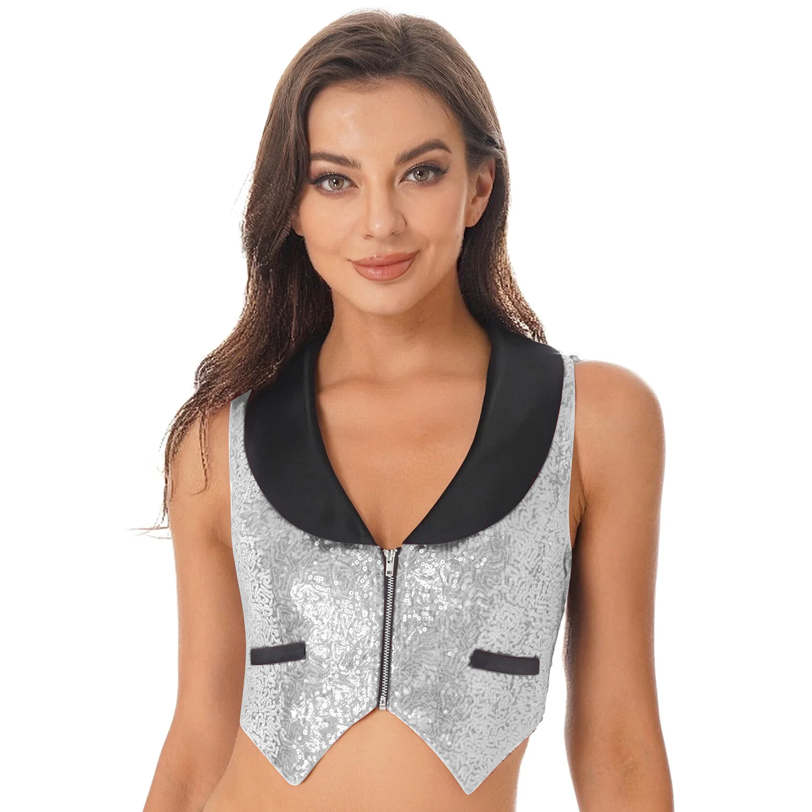 

Женские блестящие вечерние клубные танцевальные укороченные топы без рукавов с асимметричным подолом, блестящий мини-жилет, клубные вечерние топы для диско-танцев