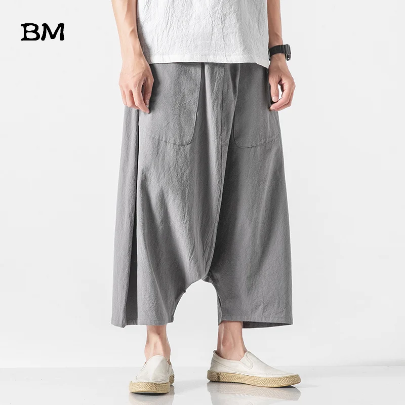 

Fashion Loose Crotch Pants Men Chinese Style Plus Size Harem Pants 5XL Linen Casual Pants Japanese Harajuku Nine Pants Male