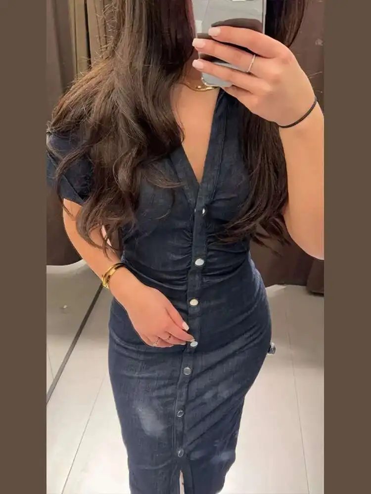 فستان ماكسي نسائي عتيق من قماش الدنيم موضة واحدة الصدر وأكمام قصيرة نحيفة طويلة فيستدوس جديد أنيق للسيدات أردية الشارع PA9Q