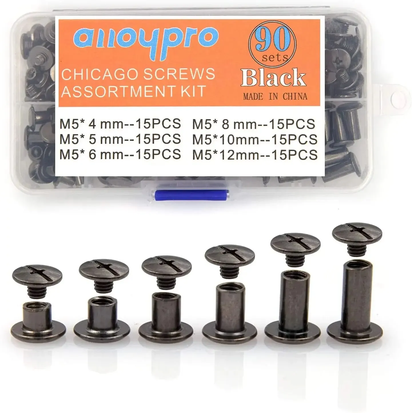 90Sets Chicago Screws Kit, 6 Sizes of Round Flat Head Leather Rivets Metal Screw Studs for DIY Leather Craft and Bookbinding