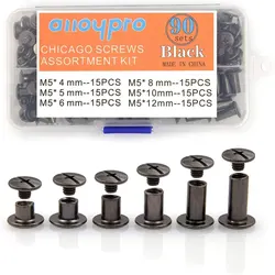 90Sets Chicago Screws Kit, 6 Sizes of Round Flat Head Leather Rivets Metal Screw Studs for DIY Leather Craft and Bookbinding