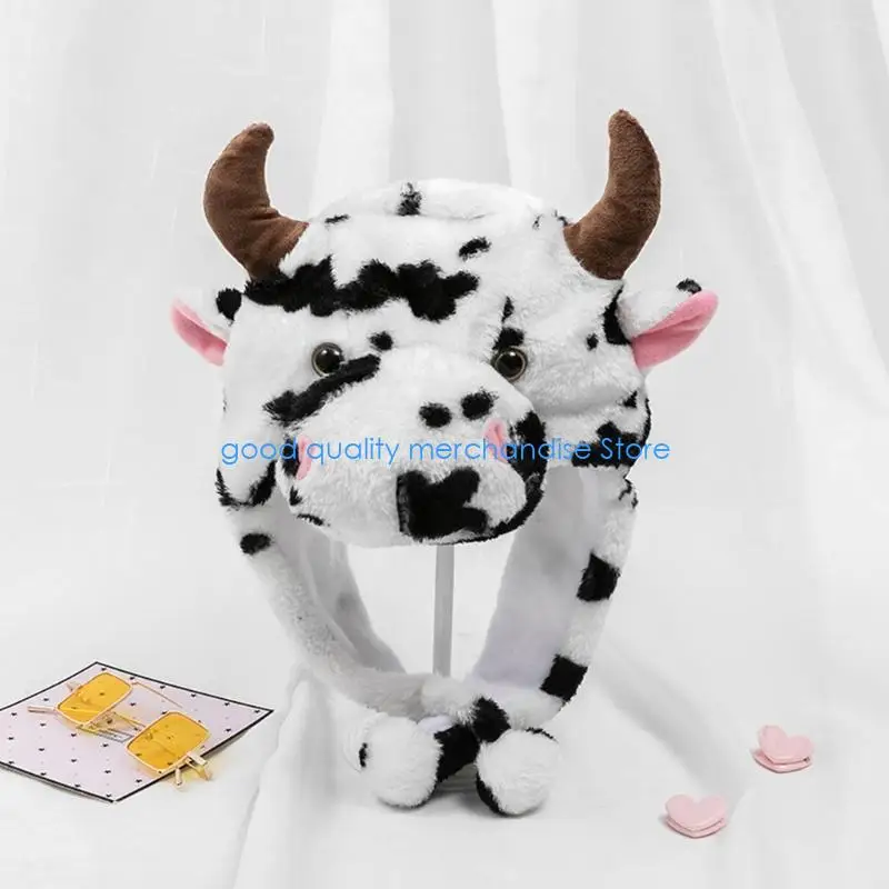 Y5JD هالوين البقرة قبعة أفخم الكرتون القبعات لطيف محشوة الحيوان الكرتون هود قبعة البقرة فروي يندبروف اللباس