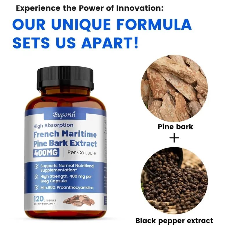 

French Maritime Pine Bark Extract - Promotes Healthy Hair and Skin, Antioxidant, Supports Blood Circulation, Black Pepper Supple