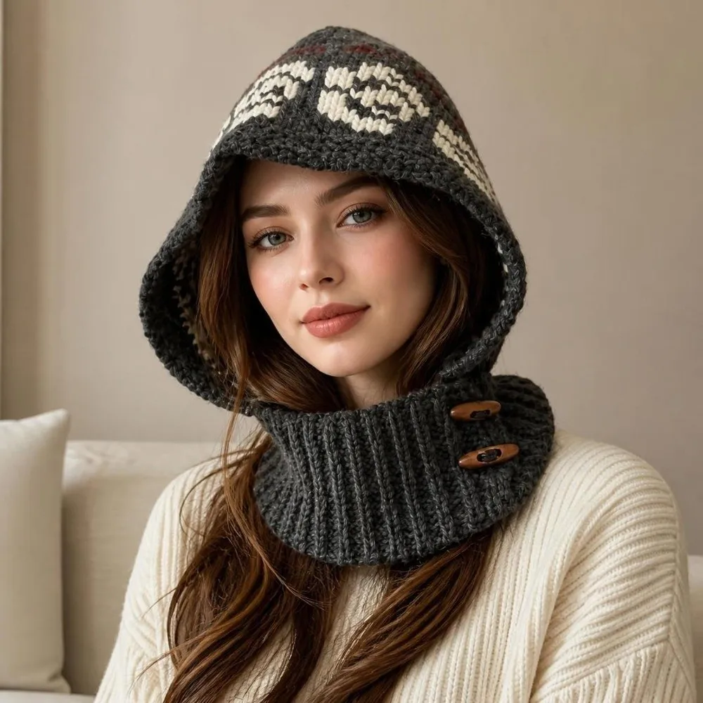 Retro Rose Flower Print Balaclava Hat Warm Winterproof Hooded Beanie Ear Protection Pullover Snood Women Girl