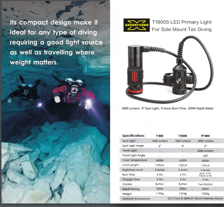 Technical Dive Cave Diving T1800s Led 1800lumens Lighting Distant Beam Lamp Mount Light Handhold Torch E Long Battery Life