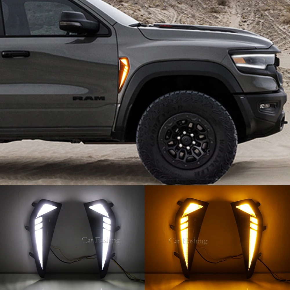 Car LED Fender Side Daytime Running Light DRL For Dodge Ram 1500 TRX 2021 2022 2023 2024 With Dynamic Yellow Turn Signal