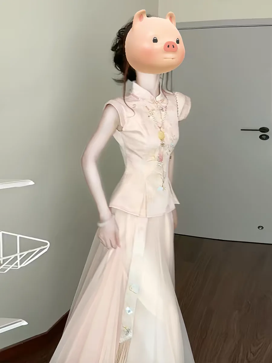 

Elegant Chinese Style Set Gentle Wind Unique Super Beautiful Top Mesh Half Skirt Whole Set Summer Fashion Women's Suit